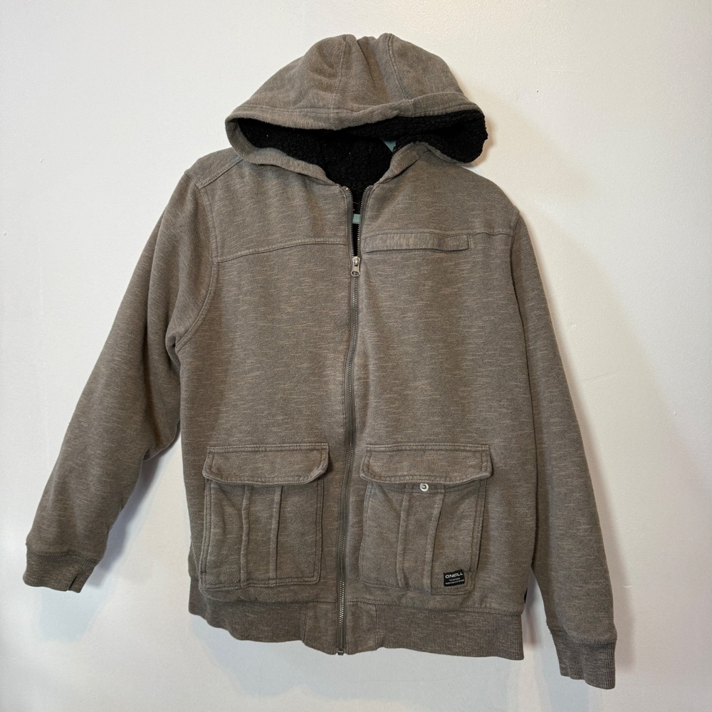 ONeill Mens Sherpa Lined Full Zip Hoodie Brown Cargo Pockets Size Medium